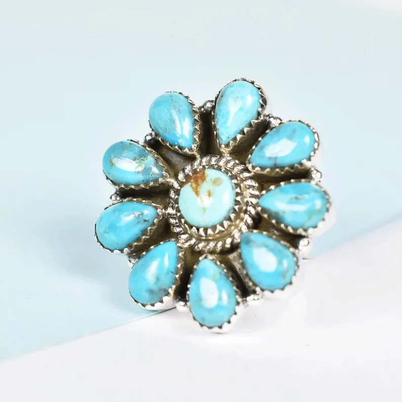 Native American Turquoise Cluster 925 Sterling Silver Handmade Vintage Rings