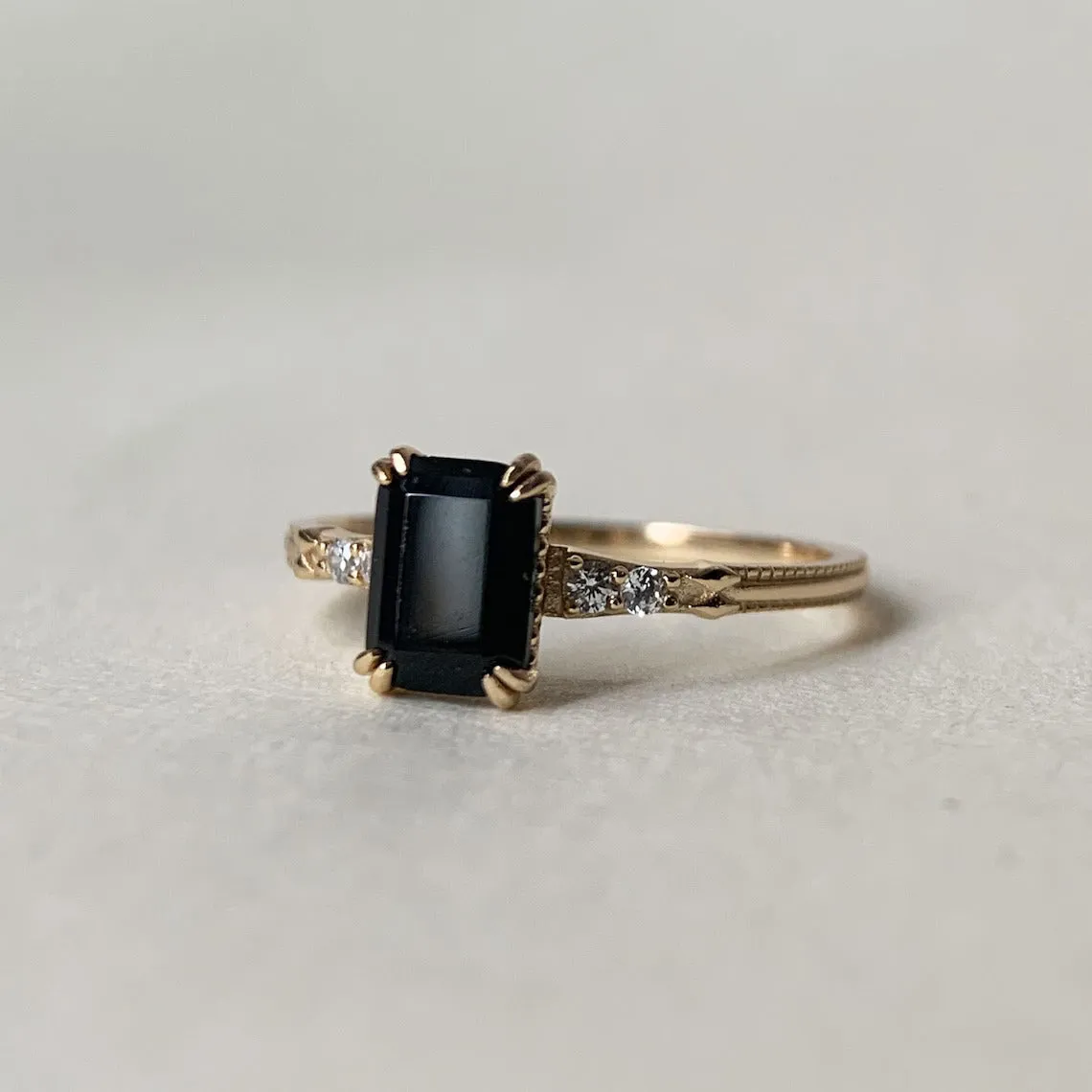 Natural Emerald Cut Prong Set Black Onyx Solitaire Vintage Rings - 14k Gold Vermeil Ring
