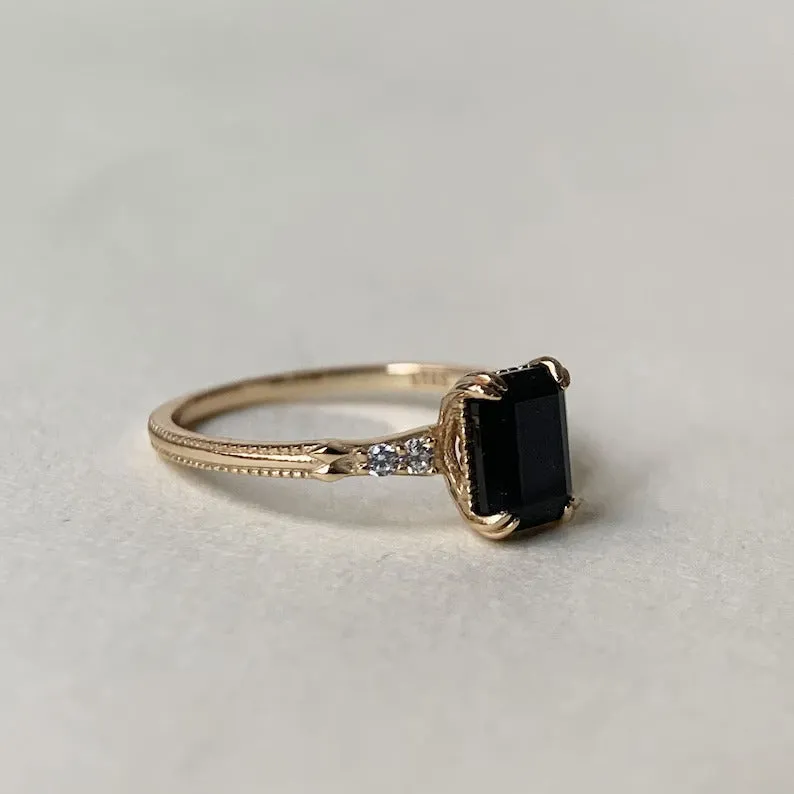 Natural Emerald Cut Prong Set Black Onyx Solitaire Vintage Rings - 14k Gold Vermeil Ring