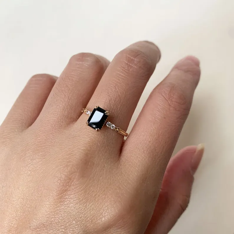 Natural Emerald Cut Prong Set Black Onyx Solitaire Vintage Rings - 14k Gold Vermeil Ring