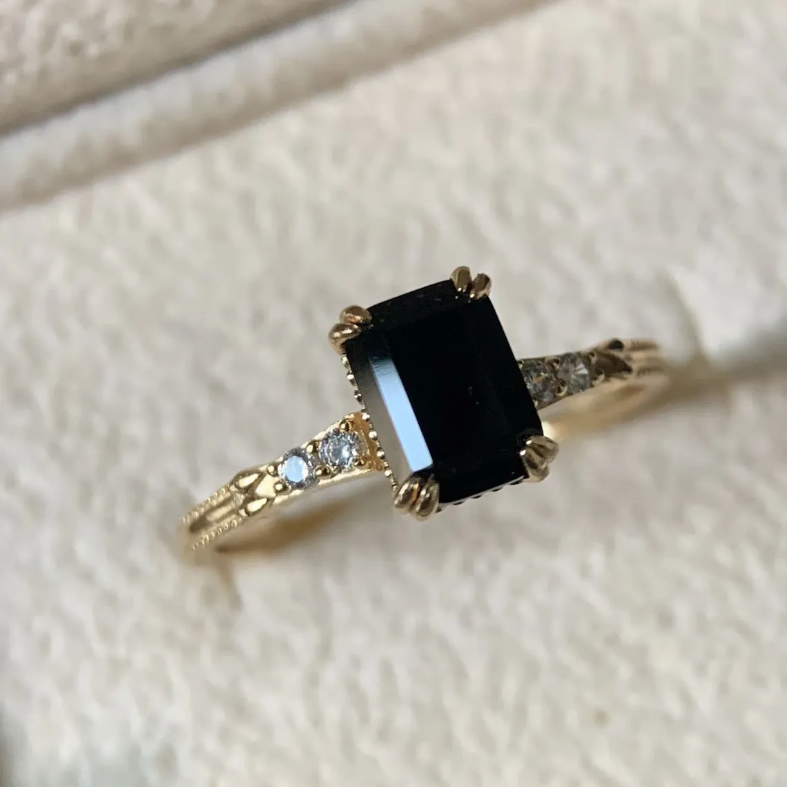 Natural Emerald Cut Prong Set Black Onyx Solitaire Vintage Rings - 14k Gold Vermeil Ring