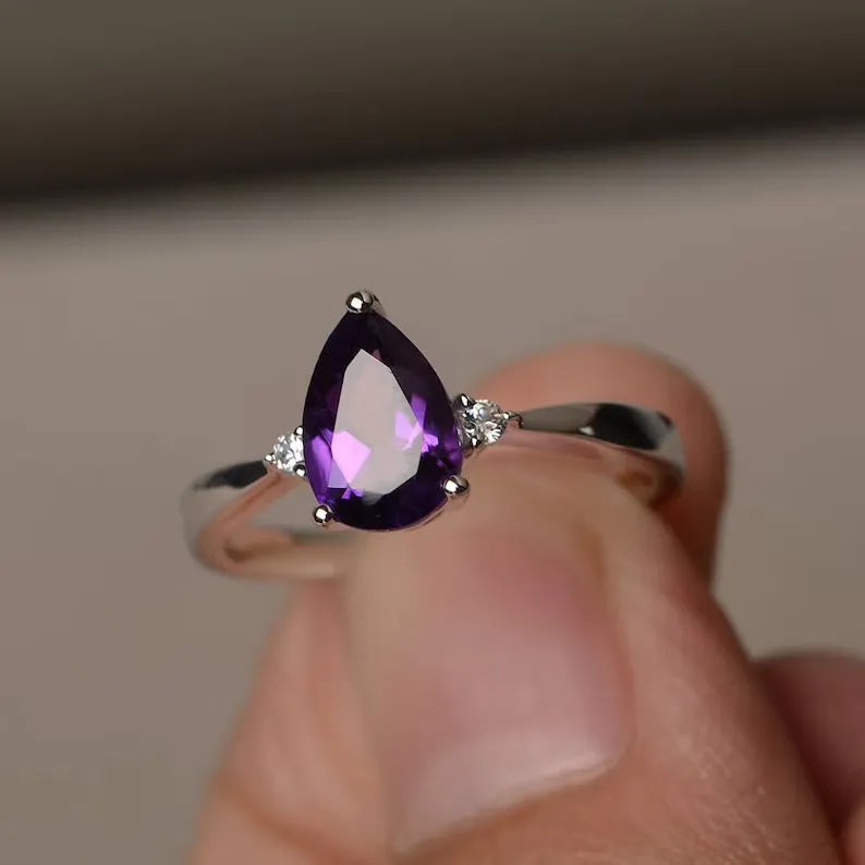 Natural Pear Cut Amethyst Engagement Ring - 925 Solid Sterling Silver