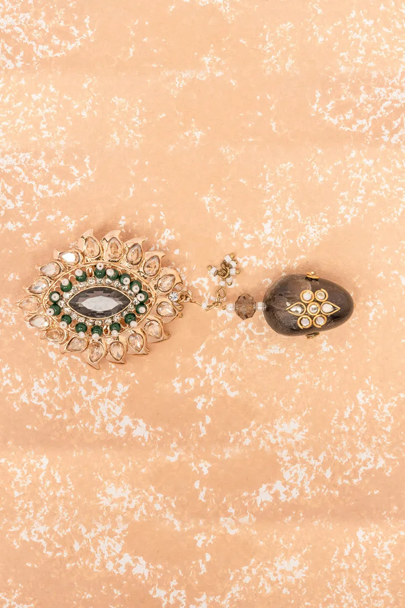 Oval Crystal Brooch with Dark Green Drop