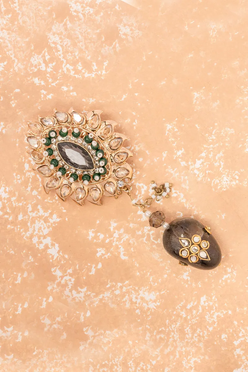 Oval Crystal Brooch with Dark Green Drop
