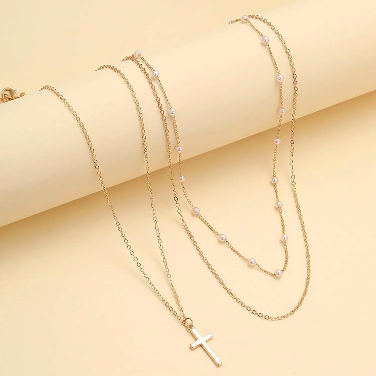Pearl Layered Necklaces for Women, 14K Dainty Gold Necklace Pearl Cross Necklace Layering Chain Choker Jewelry Gift