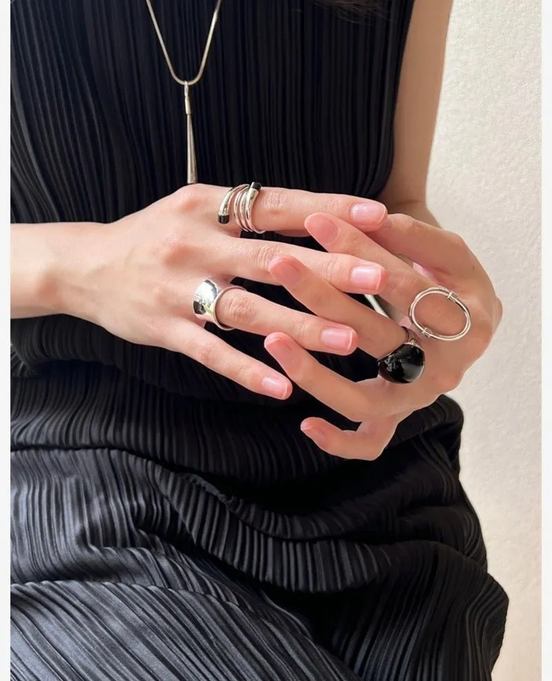 S925 Sterling Silver Irregular Black Onyx Wide Rings