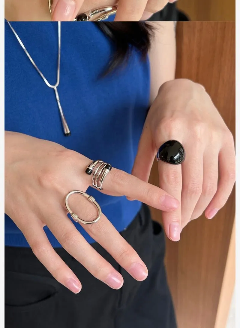 S925 Sterling Silver Irregular Black Onyx Wide Rings