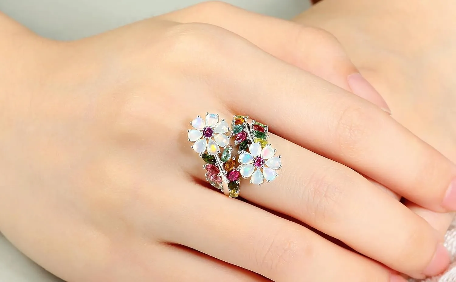 Statement Flower Ring, 14K Gold Plated, Size 6 to 10, Pink, Yellow, Green Leaf Stones, Opal, Sapphire, Ruby, Emerald, Sterling Silver, Cocktail, Engagement, Promise, Party Ring for Women