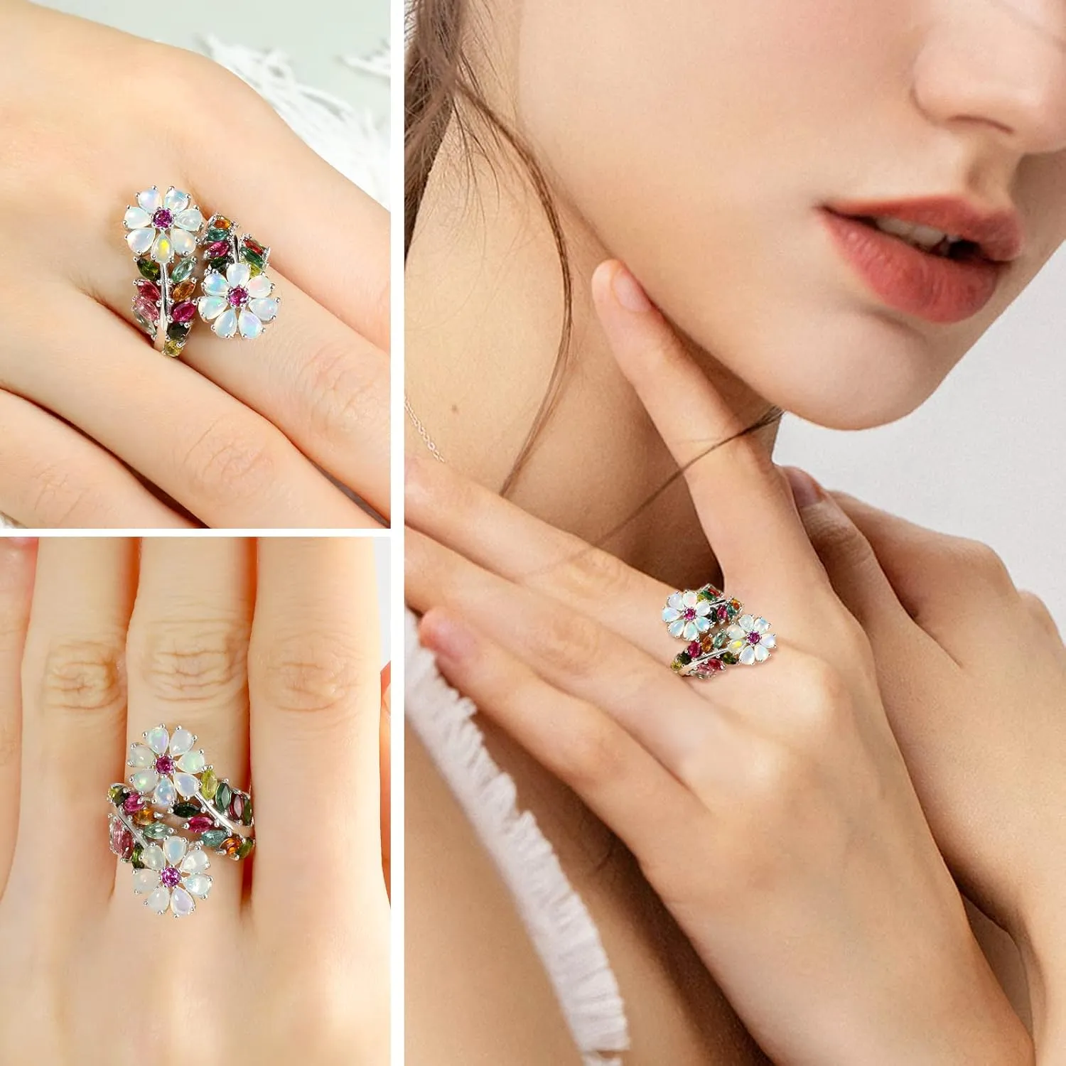 Statement Flower Ring, 14K Gold Plated, Size 6 to 10, Pink, Yellow, Green Leaf Stones, Opal, Sapphire, Ruby, Emerald, Sterling Silver, Cocktail, Engagement, Promise, Party Ring for Women