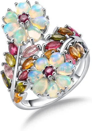 Statement Flower Ring, 14K Gold Plated, Size 6 to 10, Pink, Yellow, Green Leaf Stones, Opal, Sapphire, Ruby, Emerald, Sterling Silver, Cocktail, Engagement, Promise, Party Ring for Women