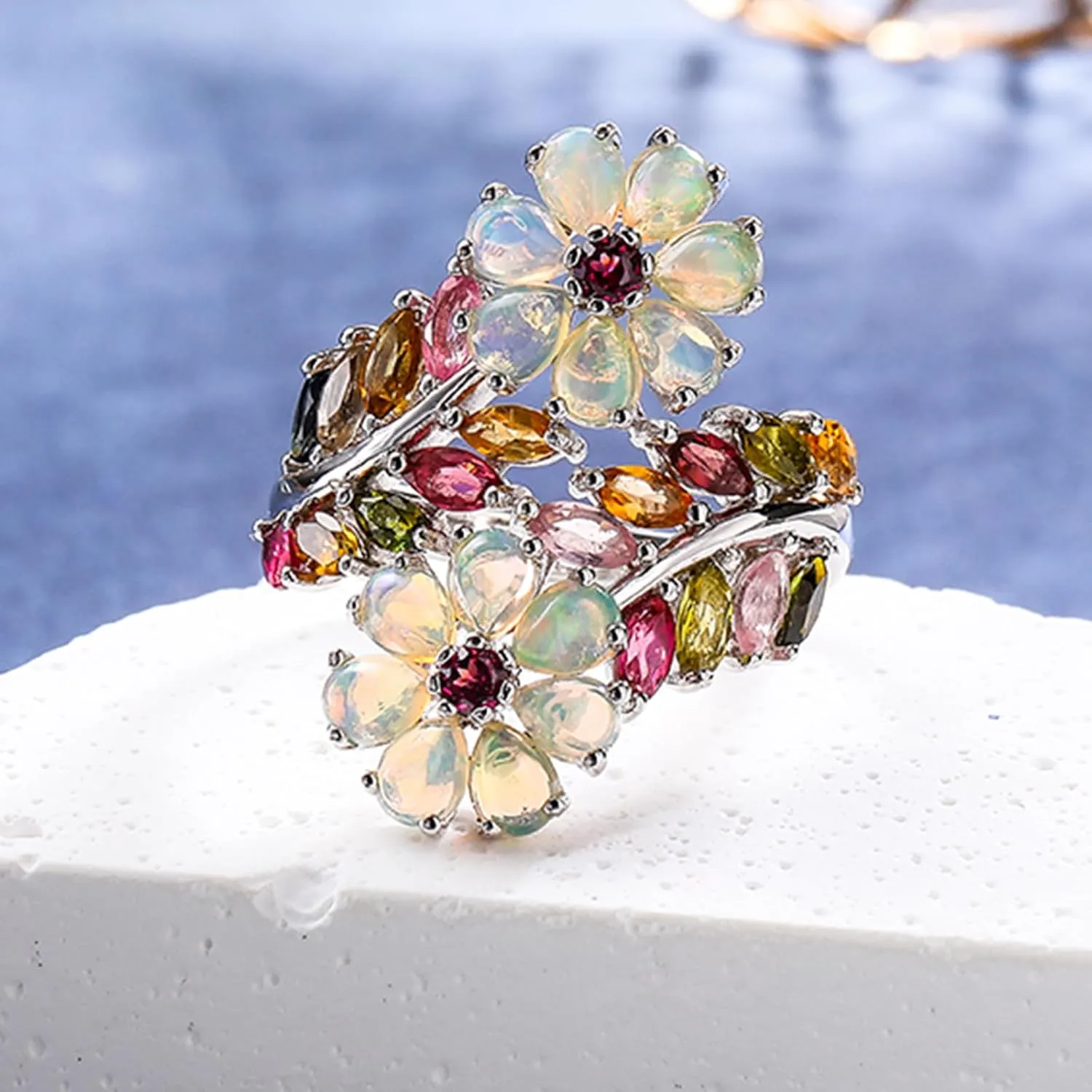 Statement Flower Ring, 14K Gold Plated, Size 6 to 10, Pink, Yellow, Green Leaf Stones, Opal, Sapphire, Ruby, Emerald, Sterling Silver, Cocktail, Engagement, Promise, Party Ring for Women