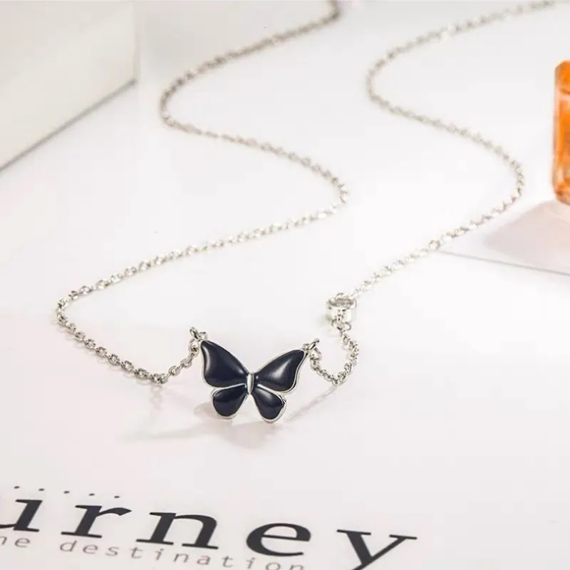 Sterling Silver Elegent Black And Blue Butterfly  Necklaces