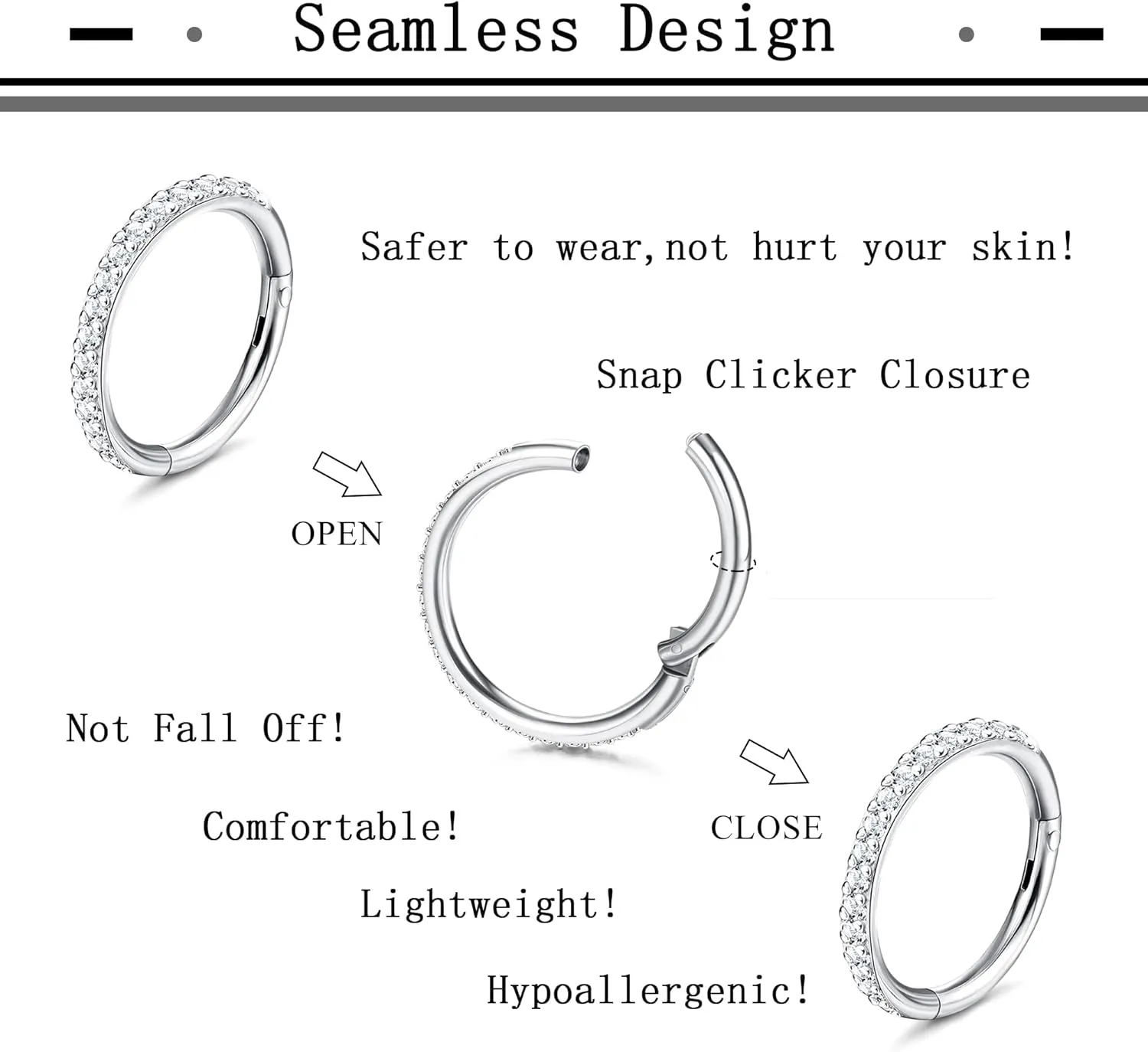 THUNARAZ 18G 16G Nose Rings Hoop for Women Men 5Pcs Surgical Steel CZ Opal Hinged Lip Nose Rings Daith Helix Cartilage Hoop Conch Rook Earrings Clicker Septum Body Piercing Jewelry 8mm 10mm