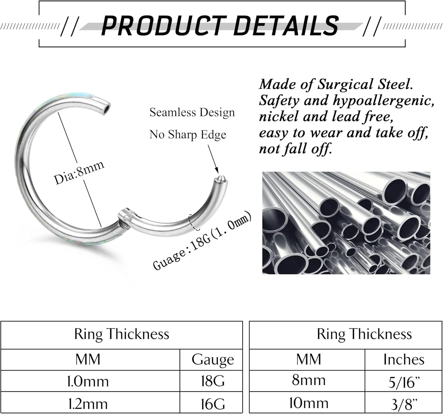 THUNARAZ 18G 16G Nose Rings Hoop for Women Men 5Pcs Surgical Steel CZ Opal Hinged Lip Nose Rings Daith Helix Cartilage Hoop Conch Rook Earrings Clicker Septum Body Piercing Jewelry 8mm 10mm