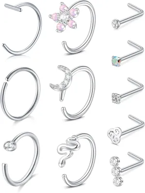 Zolure 18g 20g 22g Nose Rings Nose Studs Surgical Stainless Steel Screw L Shaped Pin Bone Nose Nostrial Piercing Jewerly for Women Men