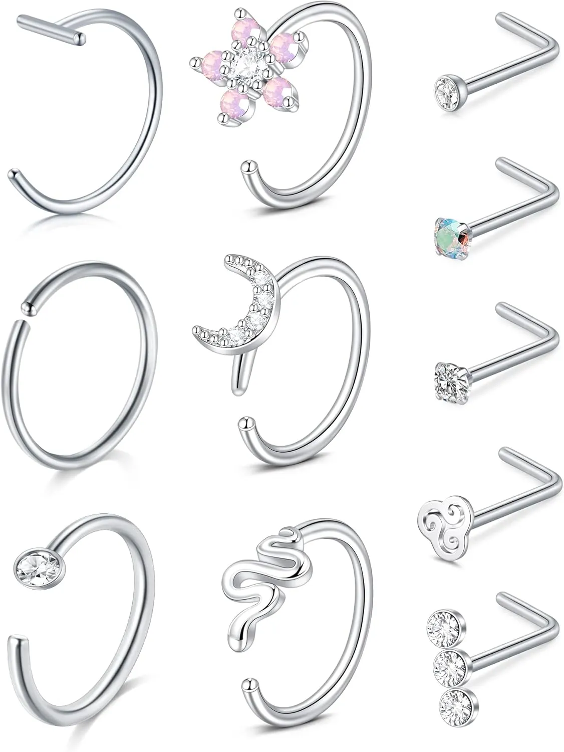 Zolure 18g 20g 22g Nose Rings Nose Studs Surgical Stainless Steel Screw L Shaped Pin Bone Nose Nostrial Piercing Jewerly for Women Men